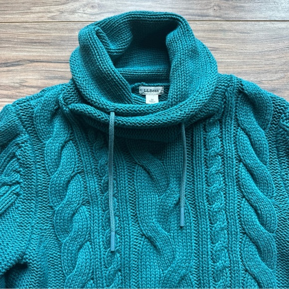 LL Bean Double L Mixed-Cable Sweater Funnelneck Women’s Sz Medium TEAL Chunky - Picture 4 of 8